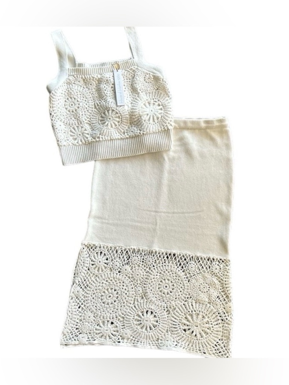 House Of Harlow Crochet Knit 2 Piece Set Ivory Boho Resort Skirt Set NWT - Picture 2 of 12
